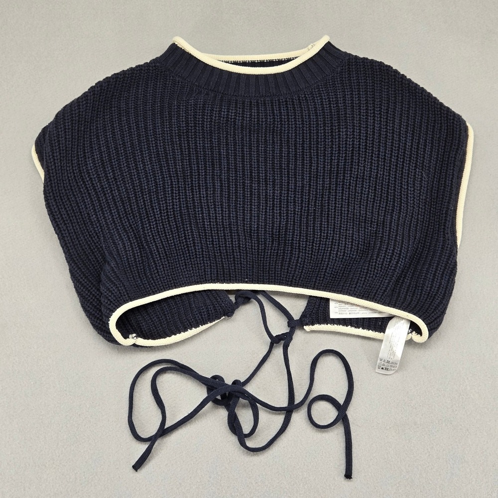 Zara Contrast Trim Open Back Knit Crop Top Sweater Navy Blue White Size Large - Picture 2 of 8